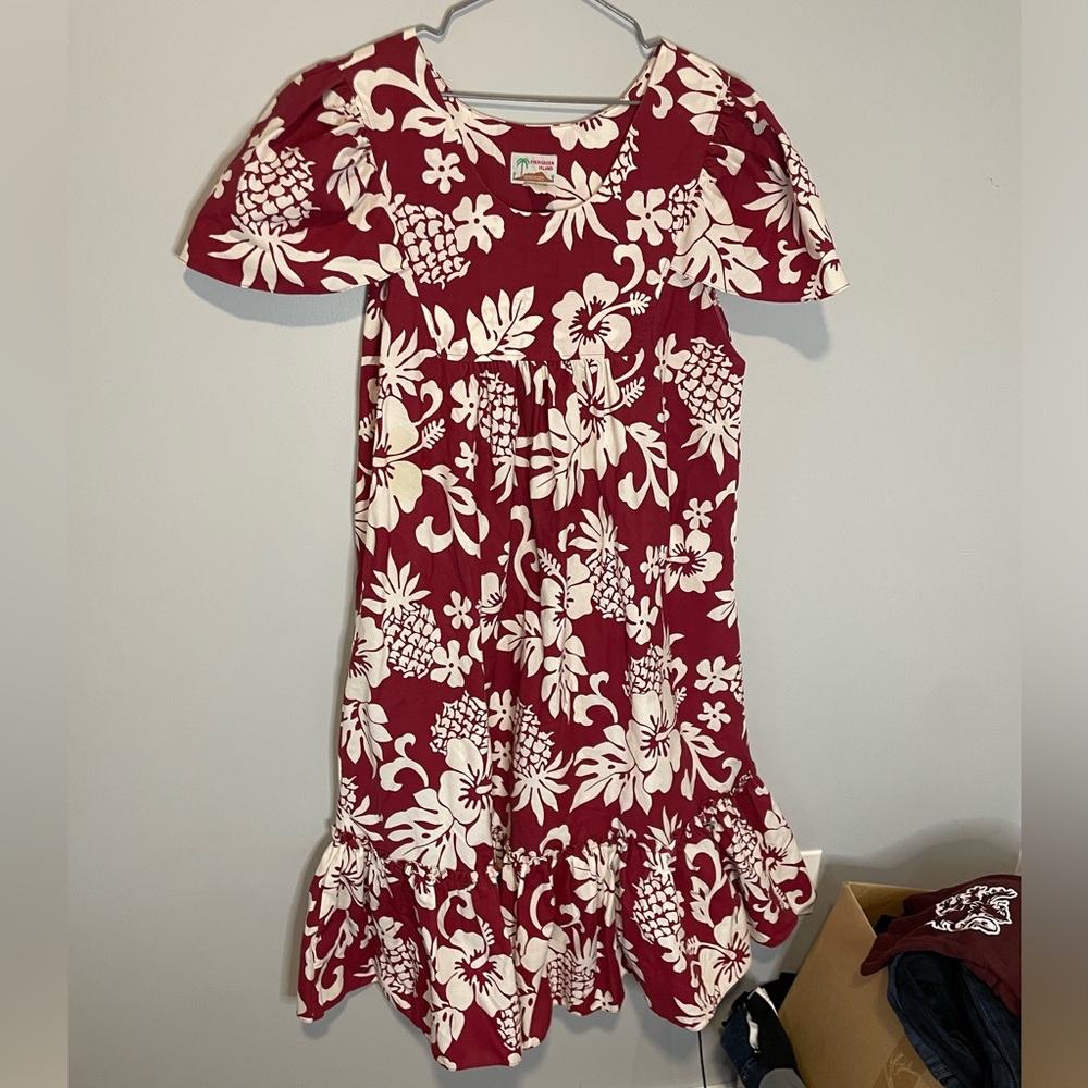 Evergreen Island Red Aloha Floral Hawaiian Pineapple MuuMuu Sleeve Dress Size XL
